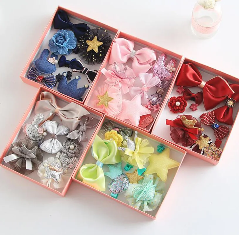 10Pcs/Box Girls Headdress Children Cute Hair Accessories Set Baby Clips Princess Crown Bows Headwear Barrettes Gift box | Детская одежда