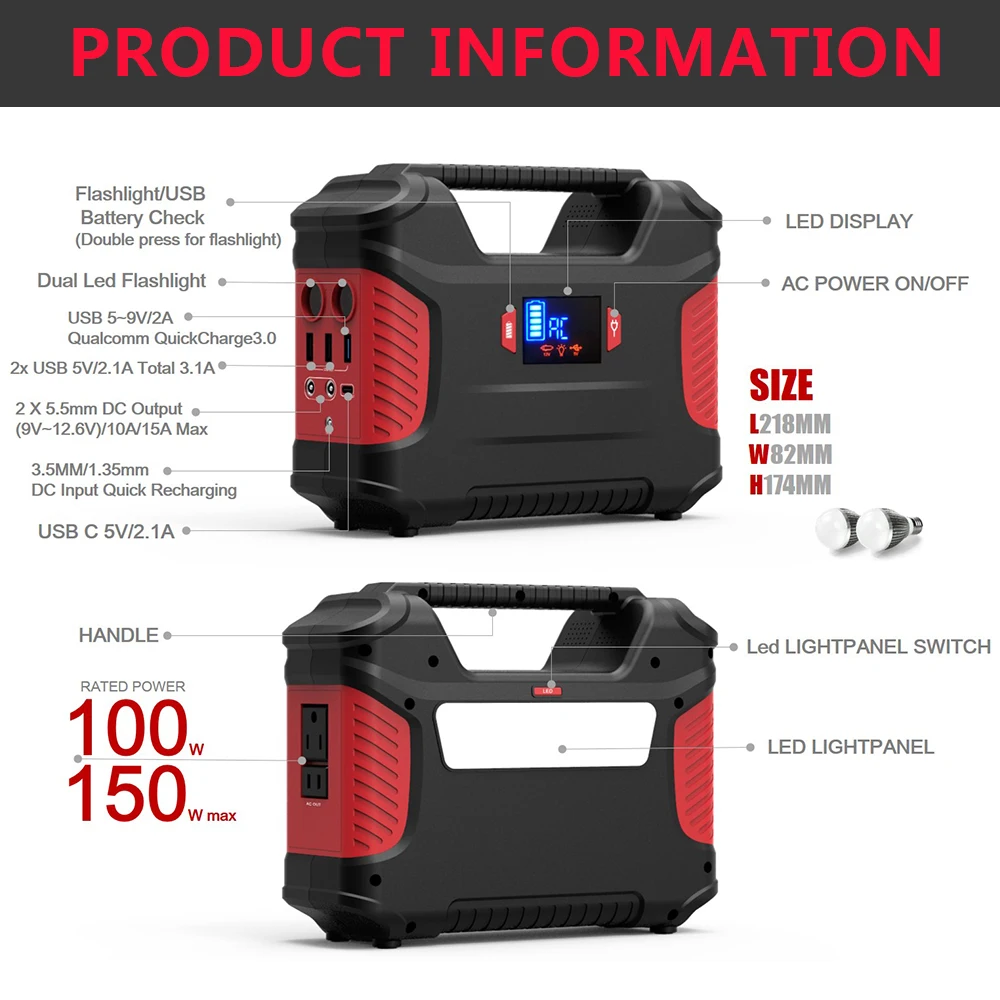 42000 мА/ч Питание Номинальная мощность 150W макс ручной светодиодный AC/DC USB