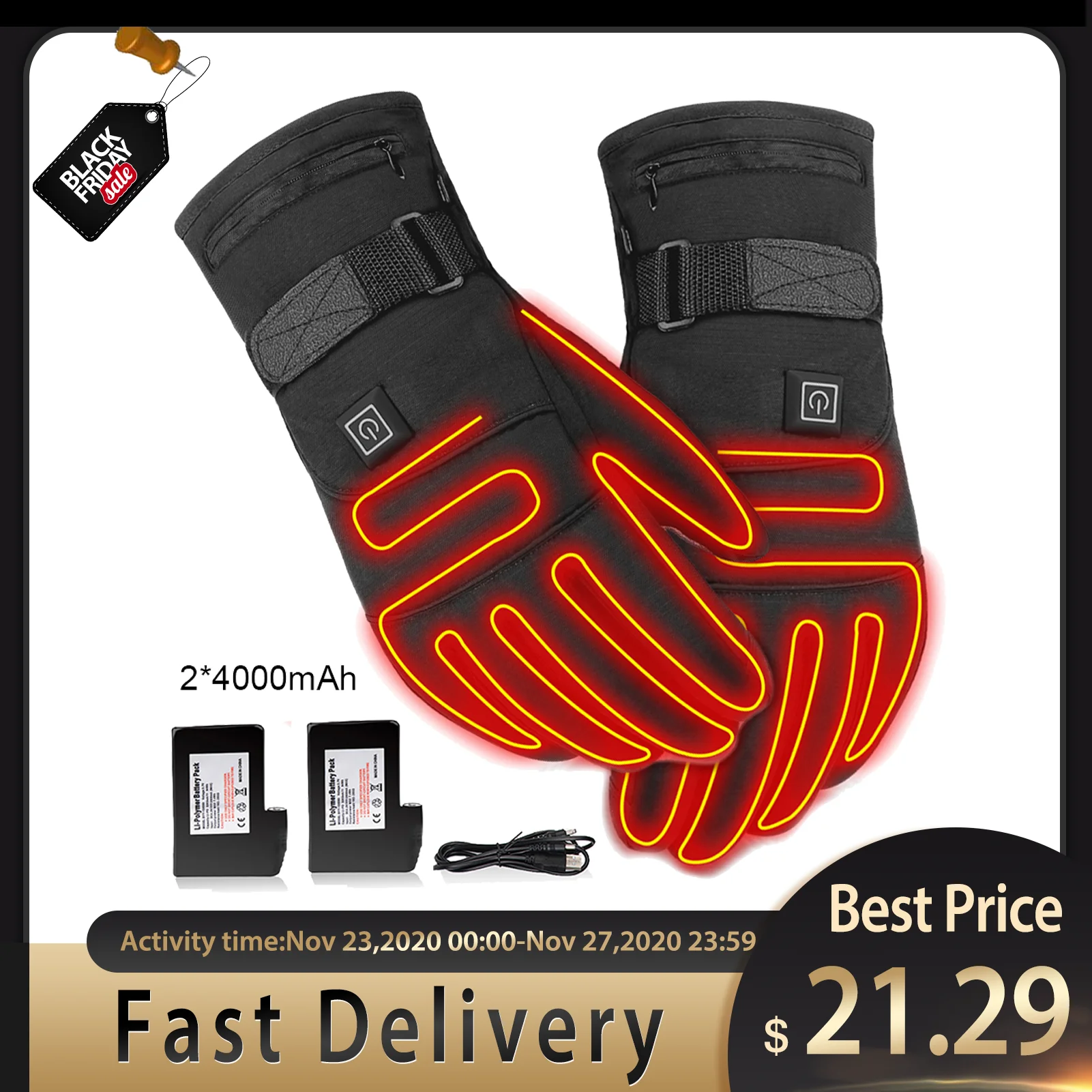 

USB Electric Heated Gloves 3.7V 4000 MAh Rechargeable Battery Powered Hand Warmer For Hunting Fishing Skiing Motorcycle Cycling