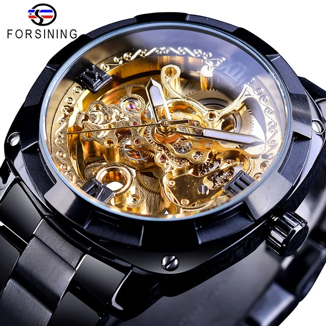 GMT1091-2 Forsining черные прозрачные механические мужские часы автоматические часы-скелетоны ремешок из нержавеющей стали деловые часы Relojes Hombre - Цвет: GMT1091-2