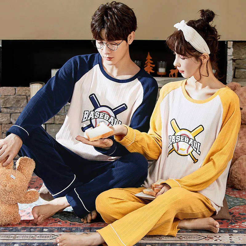 Новые осенне-зимние хлопковые Пижамные комплекты для пар с длинным рукавом в
