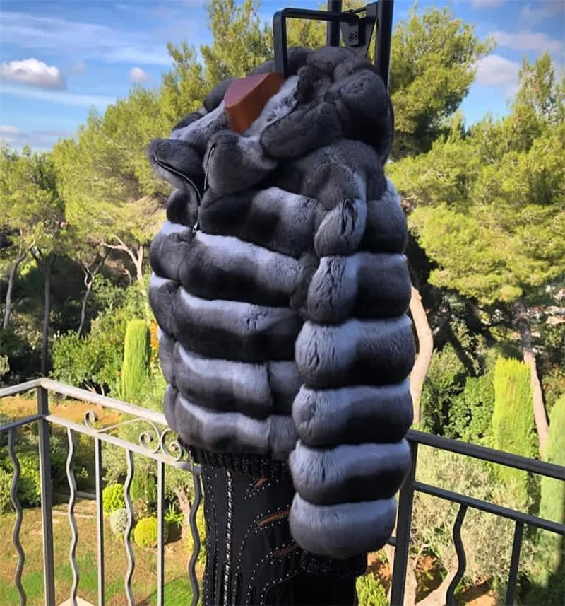 Short Real Rex Rabbit Fur Jacket With Hood Thick Warm Winter Fur Overcoat Luxury Women Natural Rex Rabbit Fur Coat with Zipper