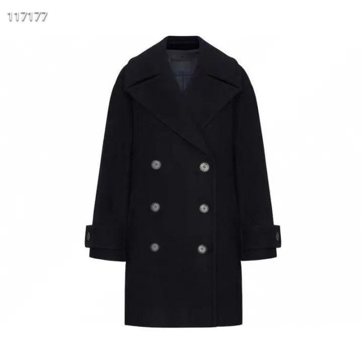

Женское двубортное шерстяное пальто, черное зимнее пальто с отложным воротником, 2021