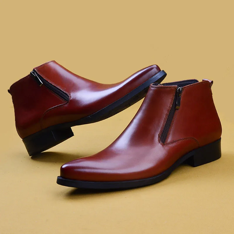 Мужские мотоциклетные ботинки на молнии коричневые ботильоны из натуральной