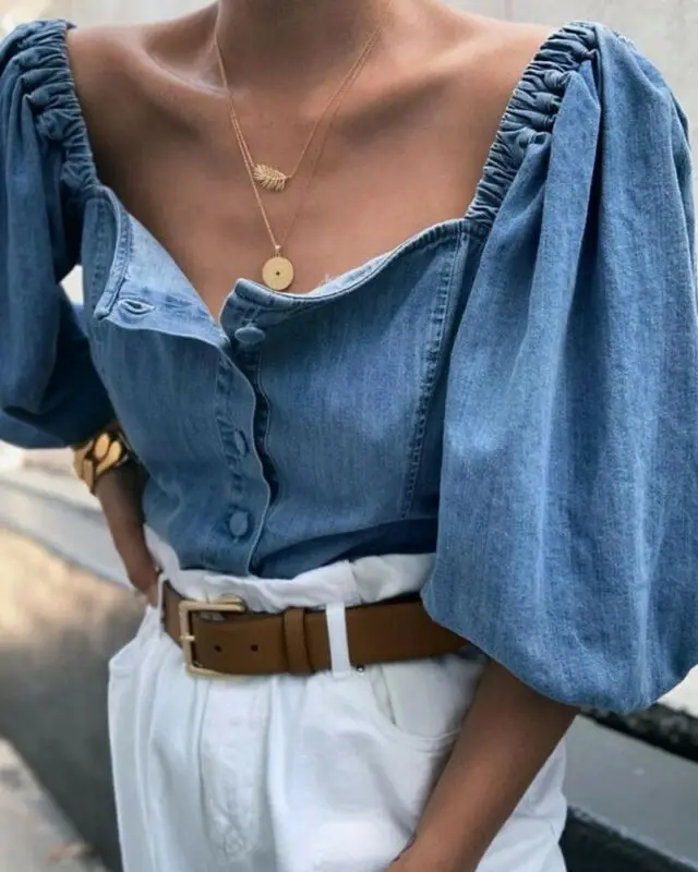 

2019 Women Sexy Off Shoulder Denim Long Sleeve Button Shirt Loose Blouse Tops Shirt