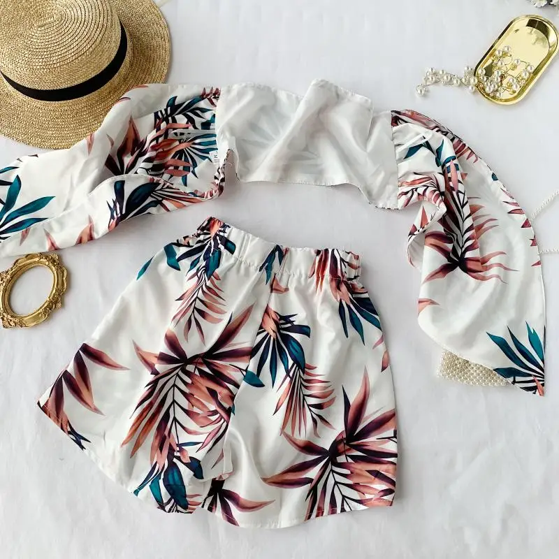 Женский костюм-двойка с тропическим цветочным принтом летний сексуальный костюм