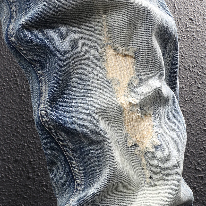 Street Style Fashion Men Jeans Retro Blue Slim Fit Destroyed Hole Ripped Jeans Men Patchwork Vintage Designer Casual Denim Pants