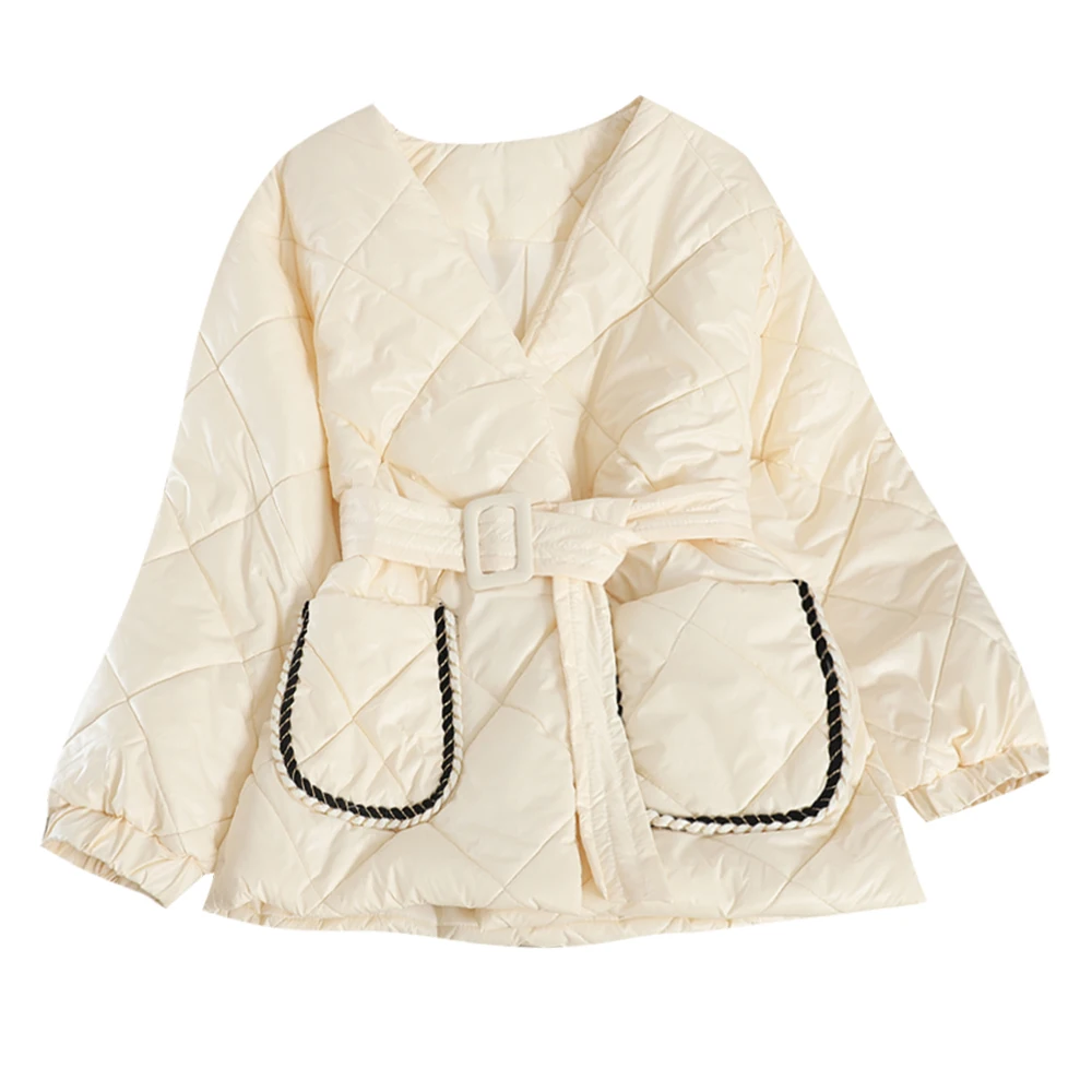 Осенне зимние новые элегантные парки с v образным вырезом и поясом женская