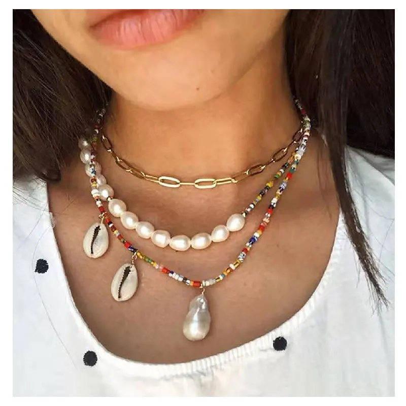 Летние модные аксессуары Пляжное ожерелье с разноцветными бусинами из ракушек