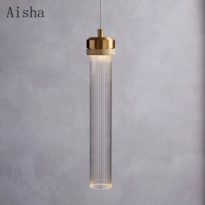 Post-Modern Long Glass Pendant Lamp Clear Striped Tube Glass Hanging Lights Nordic Creative Living Room Bedroom Bedside FIxtures