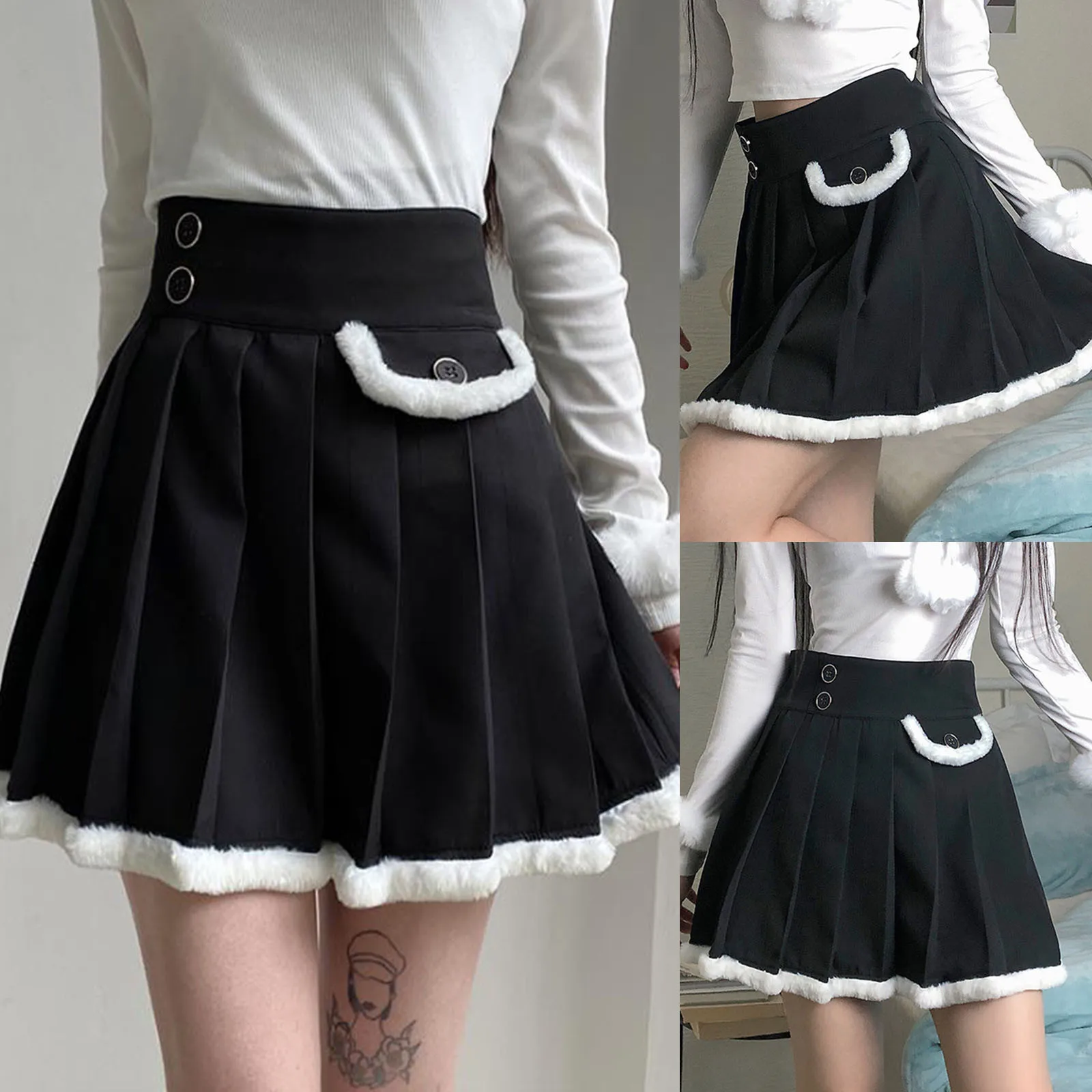 

Women Solid Color Stitching Pleated Mini Skirts Sexy Short Skirt Personalized Button Decoration Lovely White Handle Girls Skirt