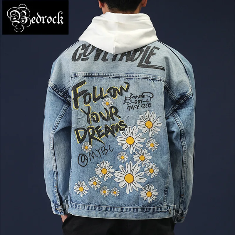 

MBB daisy print trend street light blue wash water Raw Denim jacket loose drop shoulder lapel denim jacket men 304