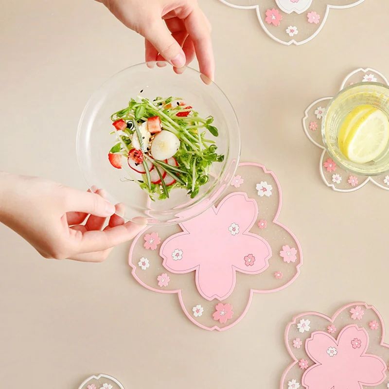 

Japanese Style Cherry Blossom Insulation Table Mat Silicone Table Mat Girl Heart Cute Non-slip Bowl Mat Tea Coaster Place Mat