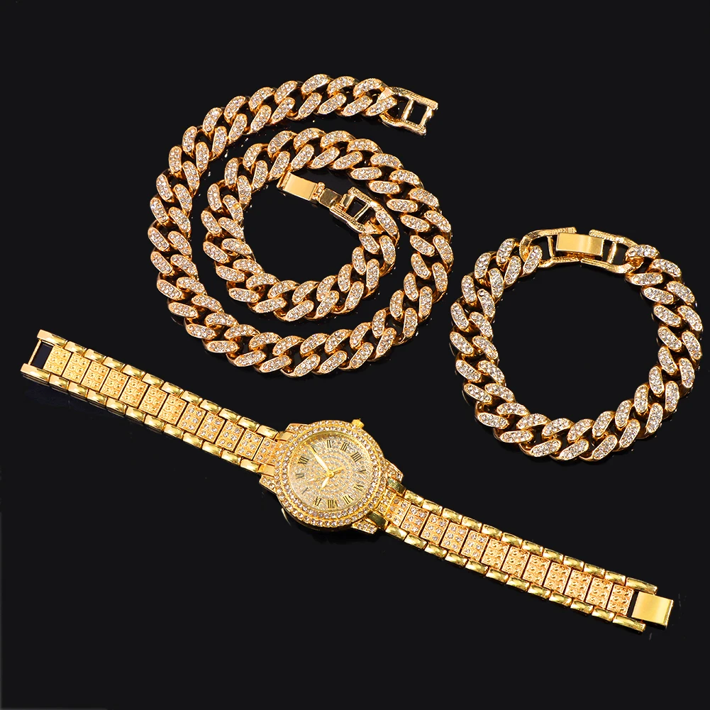 

Gold Silver Color Necklace Watch Bracelet Women Men Iced Out Paved Bling Rhinestones Cuban Chain Choker Necklace Hip Hop Jewelry