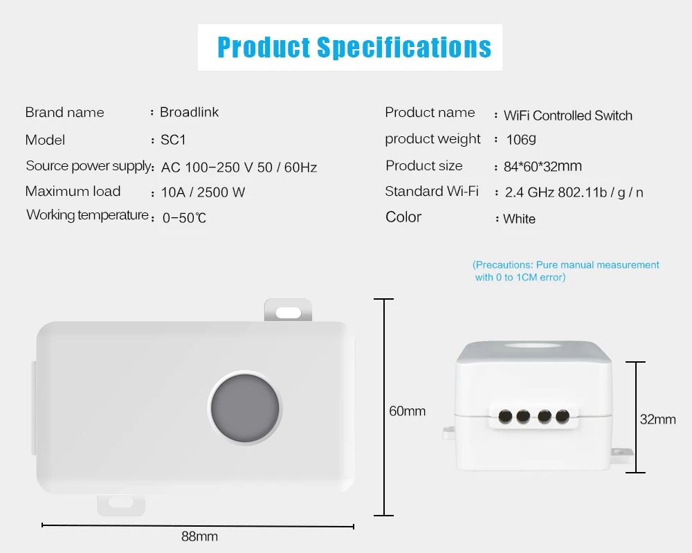 Broadlink SC1 Wifi контроллер переключатель умный дом автоматизация Максимальная мощность 2500 Вт Совместимость Alexa Google Assistant IOS Android