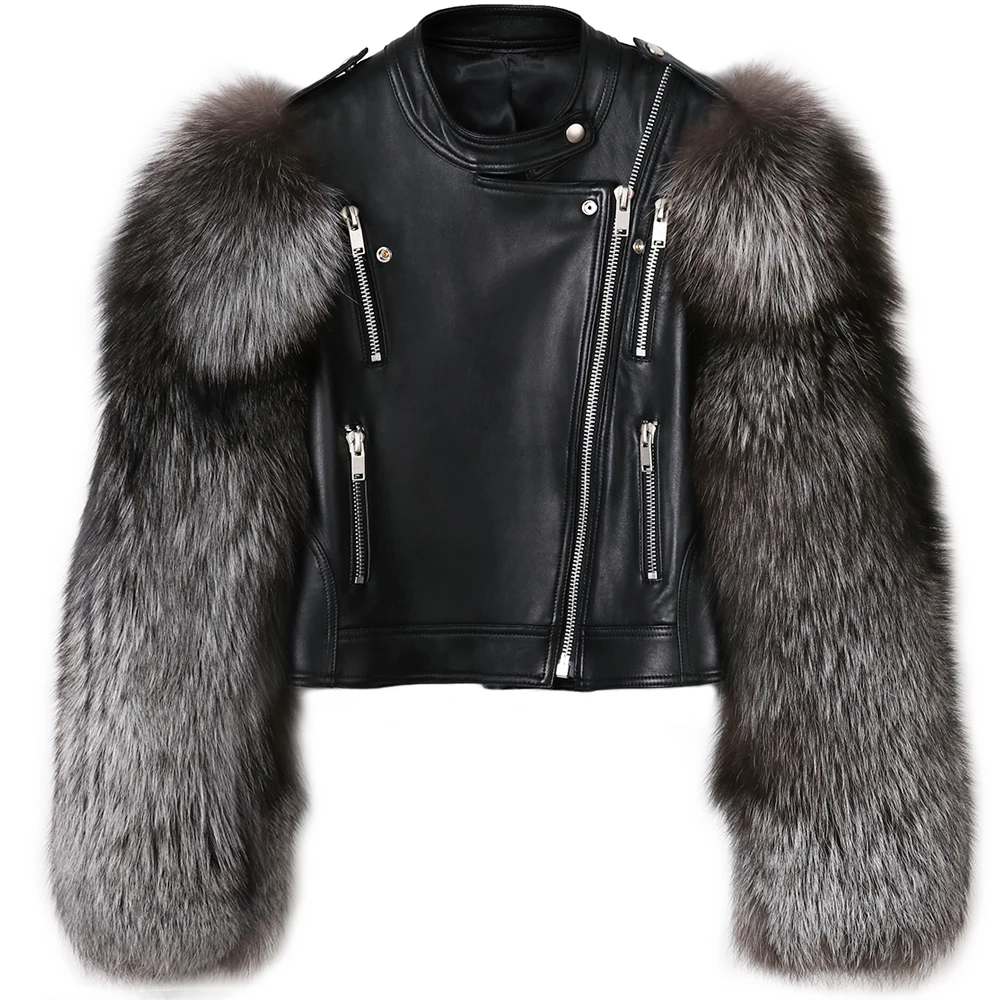 YOLOAgain женские короткие genunie кожаные куртки туфли Цвет Серебряный меха лисы рукав