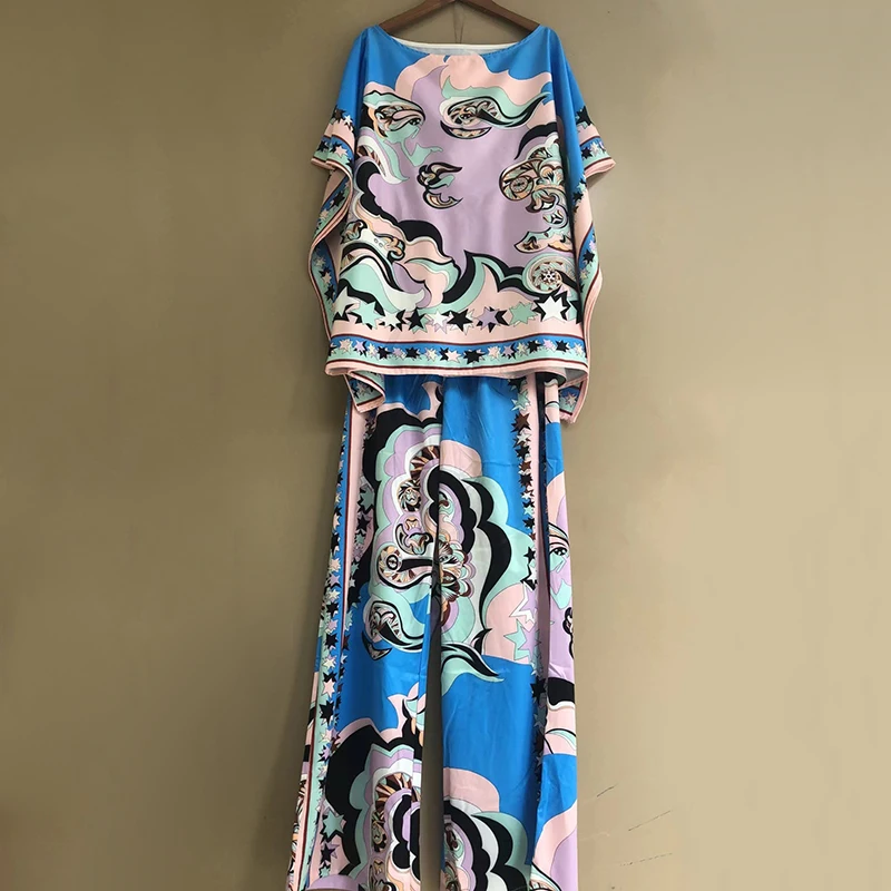 

CHICEVER Casual Two Piece Set For Women O Neck Short Sleeve T Shirts High Waist Wide Leg Pants Print Sets Female 2021 Spring New