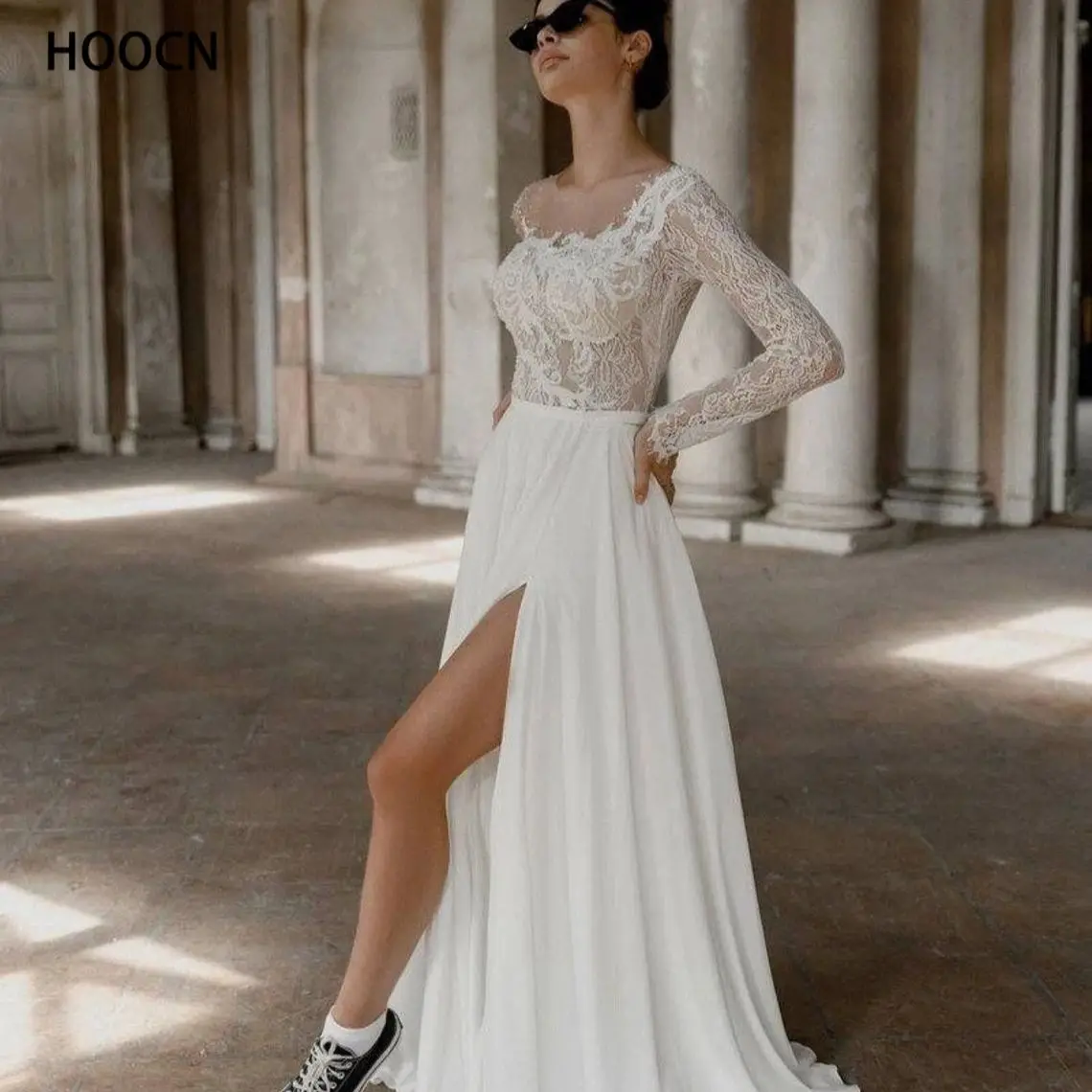 

HERBURNL Delicate Wedding Dress Slit Sexy Glitter Long Sleeve Temperament Applique Lace Dress Robe de mariée