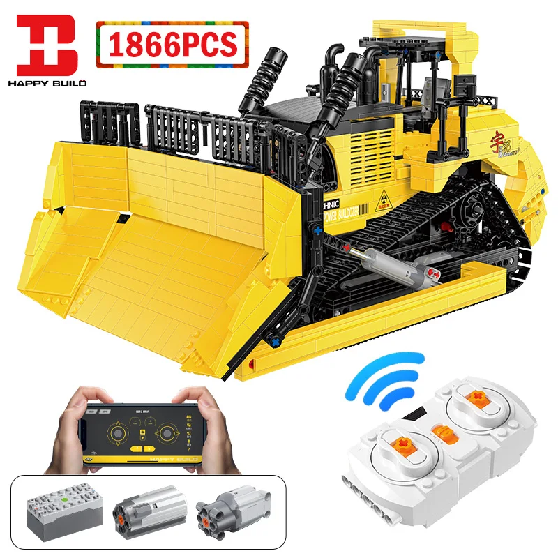 

Happy Build City RC Engineering Car Building Blocks APP Remote Control Large Bulldozer Vehicle Bricks Toys For Kids