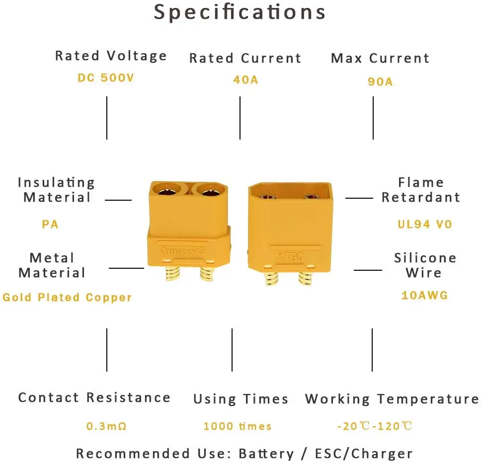 

Amass 10 Pair XT90 XT-90 Male Female Bullet Connectors Power Plugs with Housing Shelf for RC Lipo Battery Motor