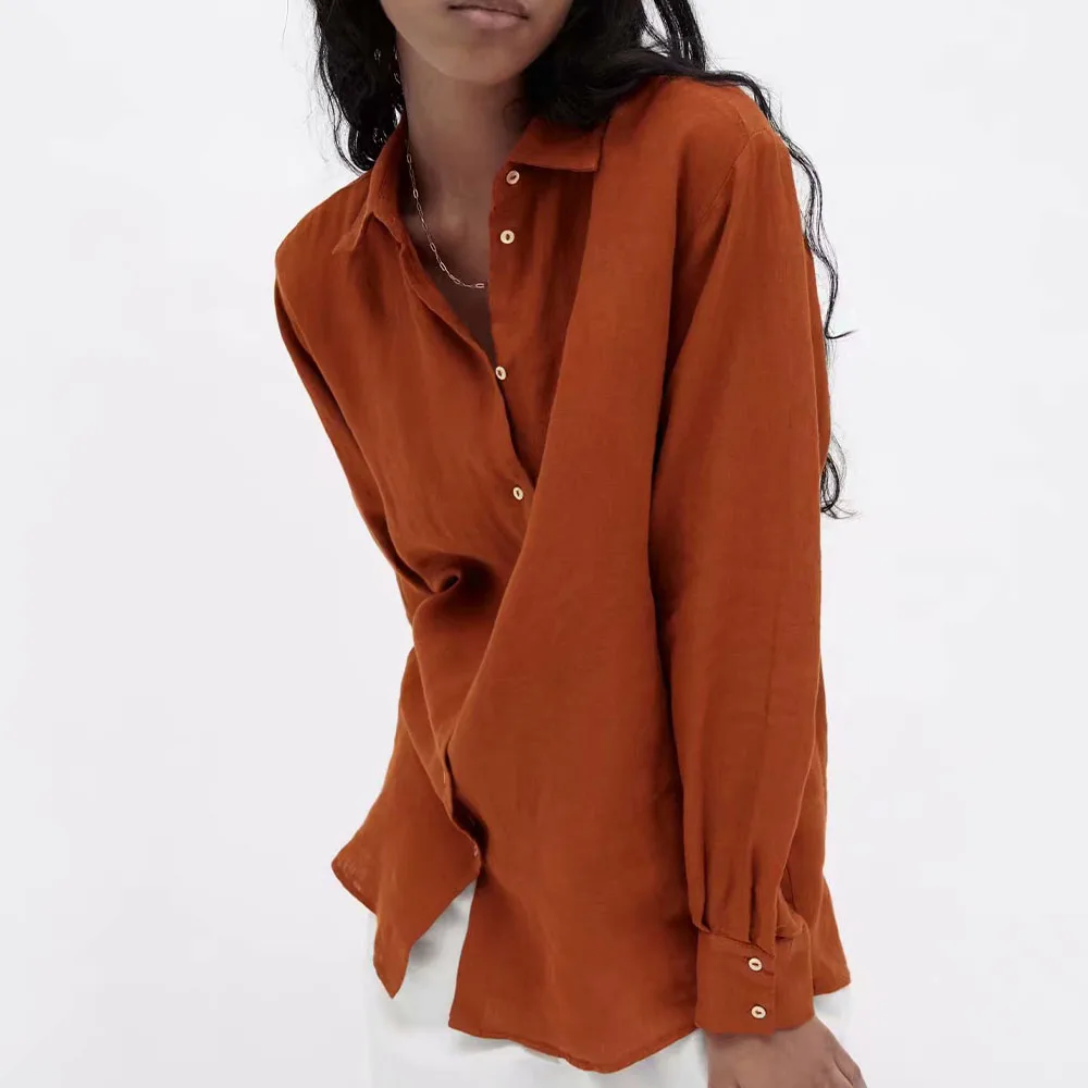 

2021 Za New Women Fashion Loose Flax drape Blouses Vintage Long Sleeve Button-up lapel Female Shirts Blusas Chic Tops