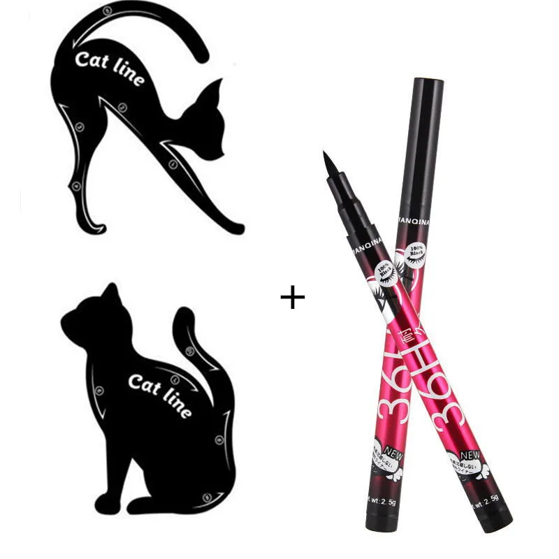 1 Pcs Black Long Lasting Eye Liner Pencil Waterproof Eyeliner Smudge-Proof Cosmetic Beauty Makeup Liquid with Cat Line Stencils |