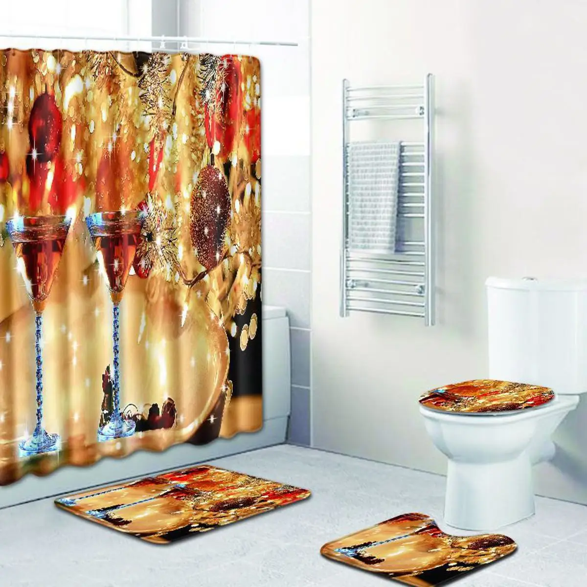 

4Pcs/Set Christmas Bathroom Decor Waterproof Shower Curtain Bath Floor Rug Mat Toilet Seat Cover Washable Bath Window Curtains