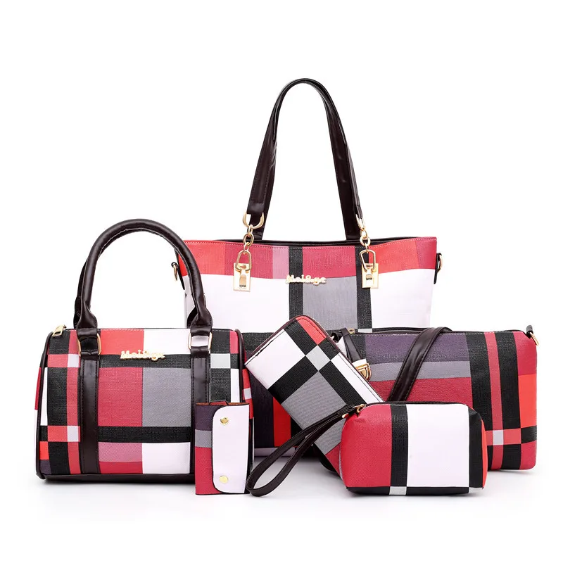 

Luxury Handbags 2021 New 6 PCS Set Women Plaid Colors Handbag Female Shoulder Bag Travel Shopping Ladies Crossbody Bag