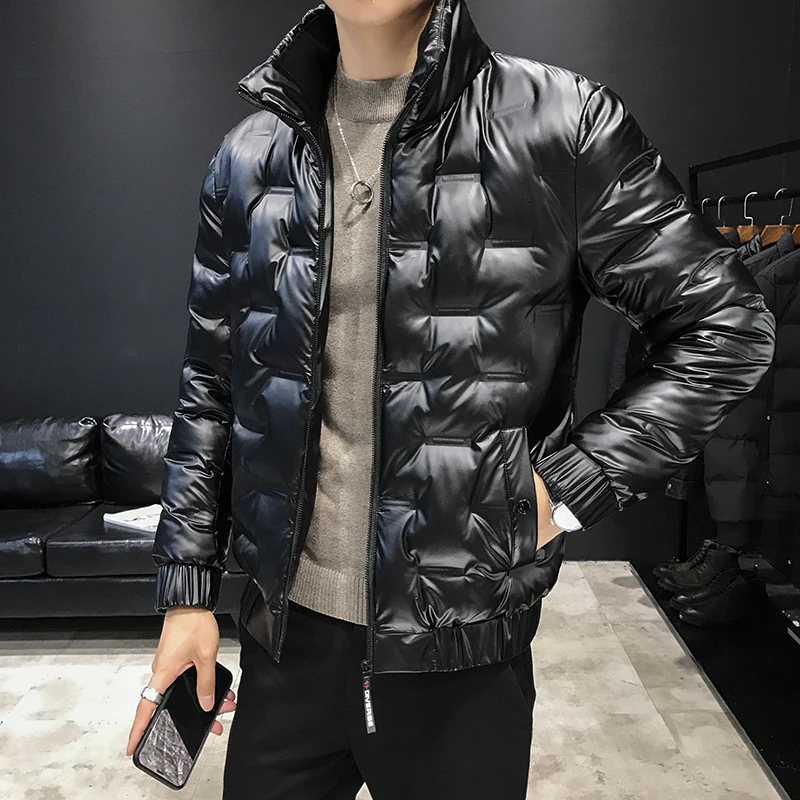Men Stand Collar Jacket Leather Punk Coat Parka Padded Outwear Black Silver New Warm Mens Coats N043