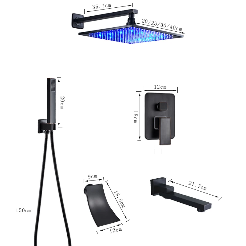 Wall Mount Black LED Shower Faucet Rainfall Set Bathtub Hot And Cold Mixer Crane Concealed Installation | Обустройство дома