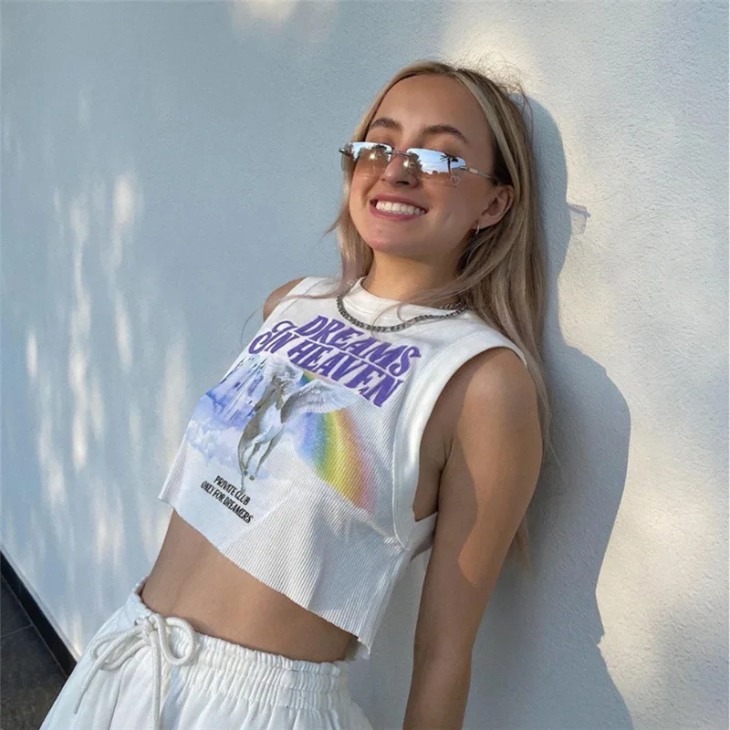 

Cartoon Print White Tops Summer Streetwear O-Neck Sleeveless Crop Top Letter Graphic Rib-Knit Tank Top