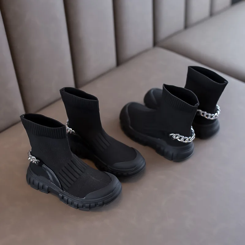 

Autumn and Winter Black Mesh Children's Boots Chain Warm Fashion Boots