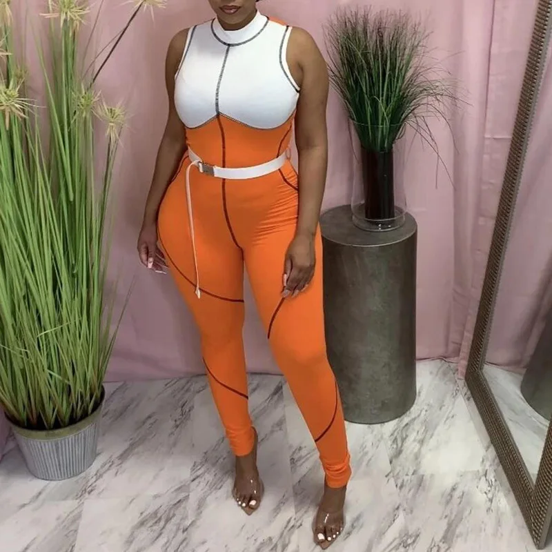 

Sleeveless Patchwork Zipper Jumpsuits Summer Outfits Women Elastic Hight Fitness Skinny Romper Overalls Femme Sportwear