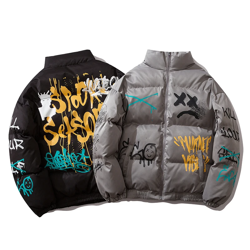 Парка мужская зимняя с воротником-стойкой и принтом в виде граффити | Мужская