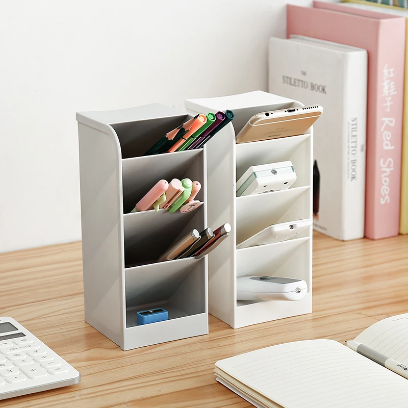 

Multi-function 4 Grid Desktop Pen Holder Clear White Black Plastic Storage Case Office School Pen Organizer Container Stationery