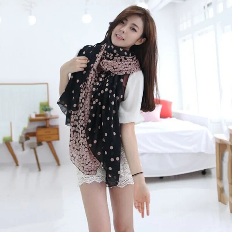 Женский шифоновый Розовый Длинный мягкий шарф с принтом в горошек Женская шаль