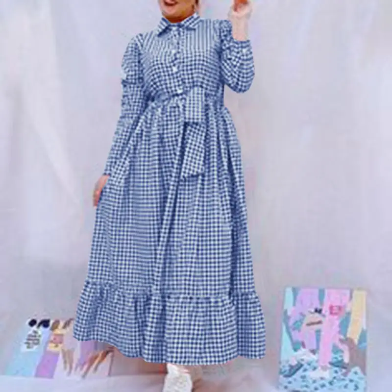 

Платье ZANZEA женское в мусульманском стиле, винтажное повседневное Макси Рубашка-Платье на пуговицах с длинным рукавом, в клетку, сарафан-хал...