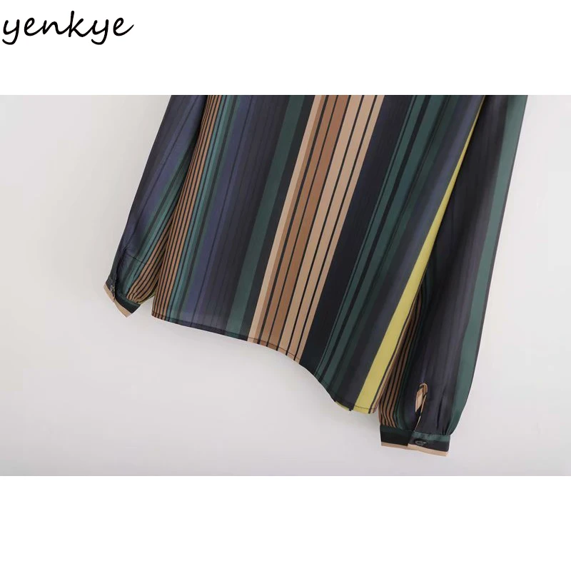 

YENKYE Vintage Striped Satin Blouse Shirt Women Elegant Bow Tie Collar Long Sleeve Elegant Ladies Office Shirts Plus Size Blusas
