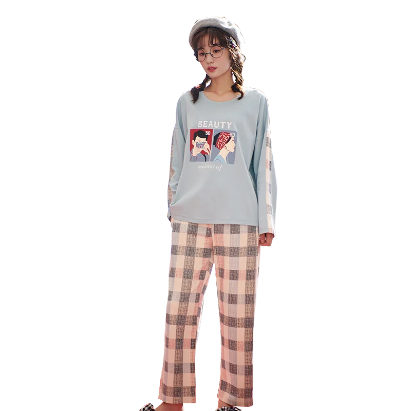 

BZEL Lovely Sweet Pajama Sets Long Cotton Sleepwear Loose Nightwear Home Clothes For Women Plaid Design Pants Pijamas Mujer 2PCS