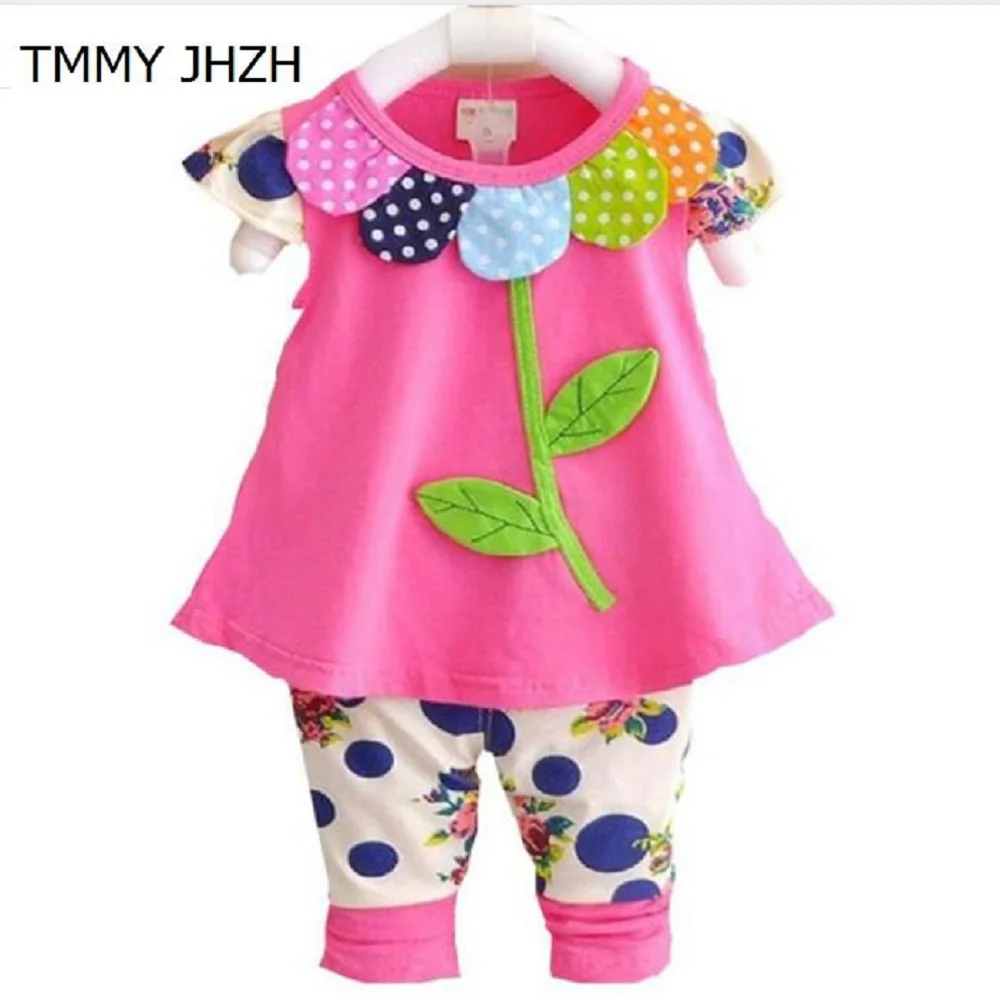 Летние комплекты одежды для маленьких девочек модная футболка с цветочным