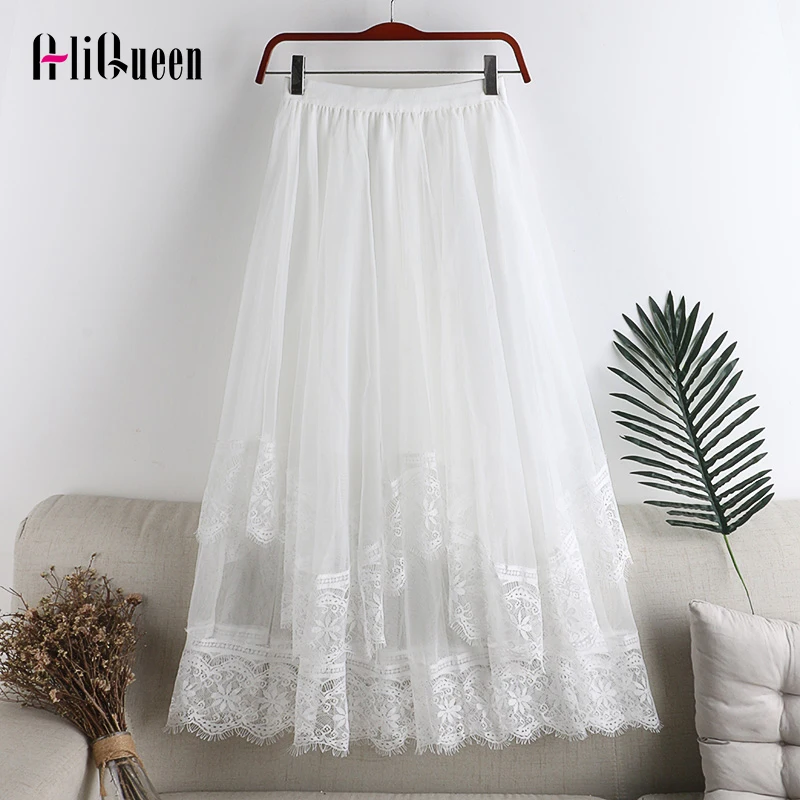 Летние женские 2 слоя миди юбка в сетку с эластичной резинкой на талии кружевом и