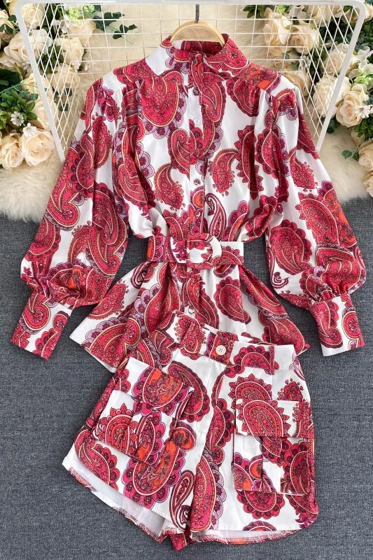 

Light Mature Style Women's Professional Suit 2020 New Female Retro Print Temperament Stand-up Collar Slim Short Wide-leg Pants