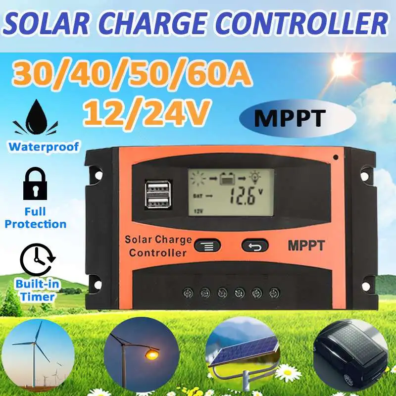 MPPT 60A/50A/40A/30A контроллер солнечного заряда 12 В 24 в авто lcd двойной USB солнечная батарея для телефона батарея PV регулятор встроенный таймер