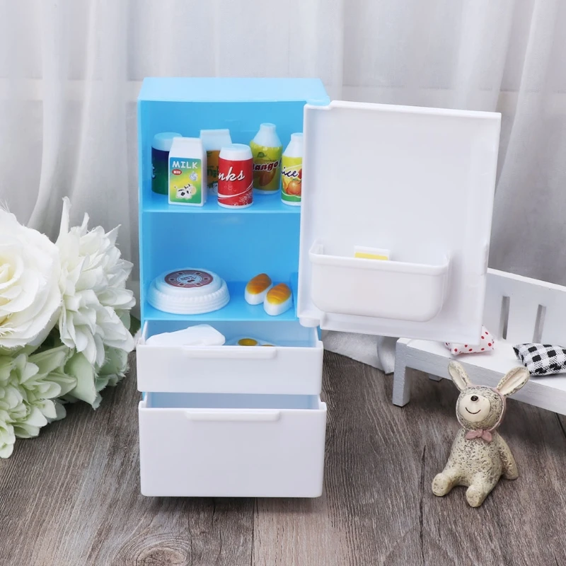 Refrigerator Play Set Doll House Fridge Freezer With Food Kid Toy | Kitchen Toys
