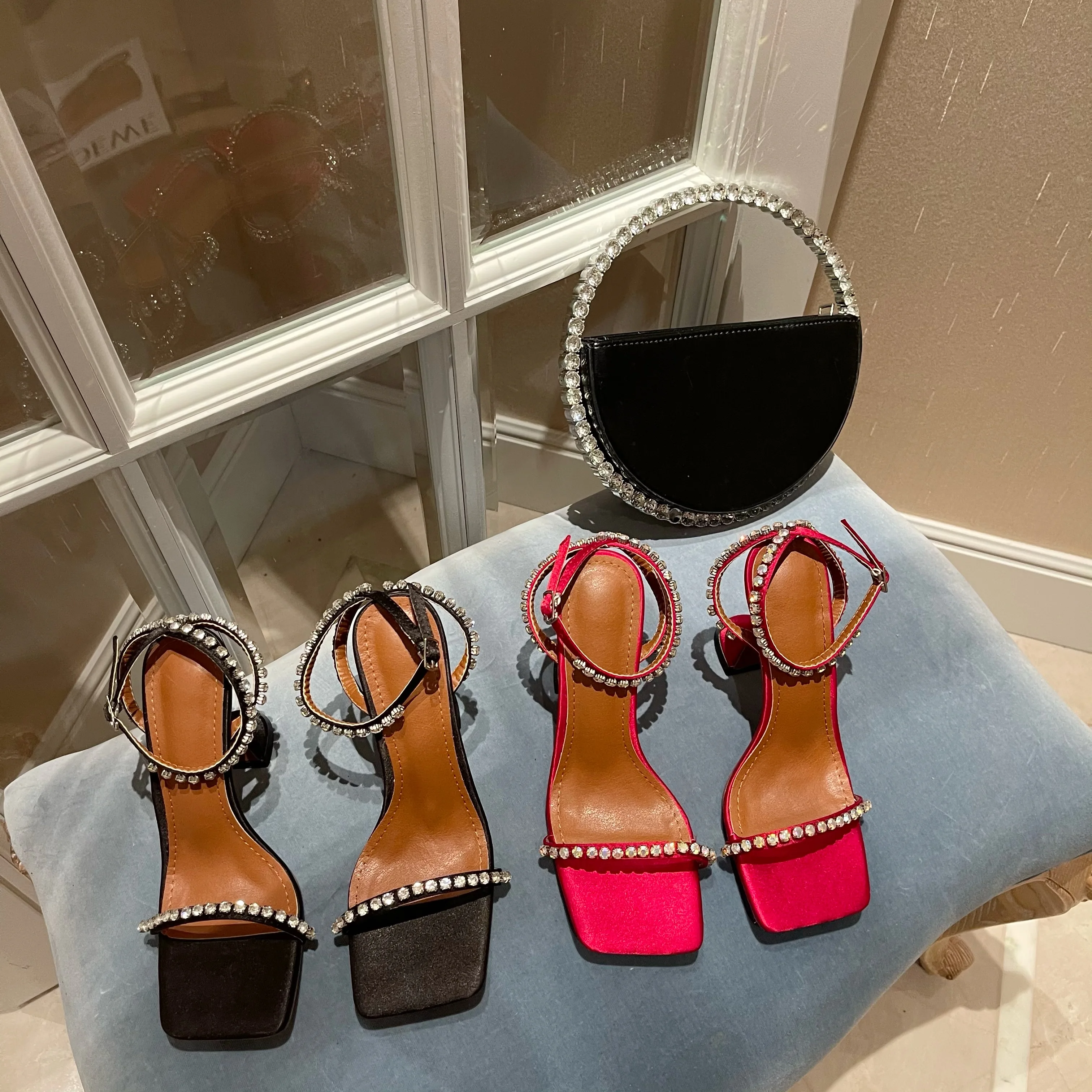 

Summer New Rhinestone Thin Heel Women Pumps Square Toe Women's Shoes size 35-42