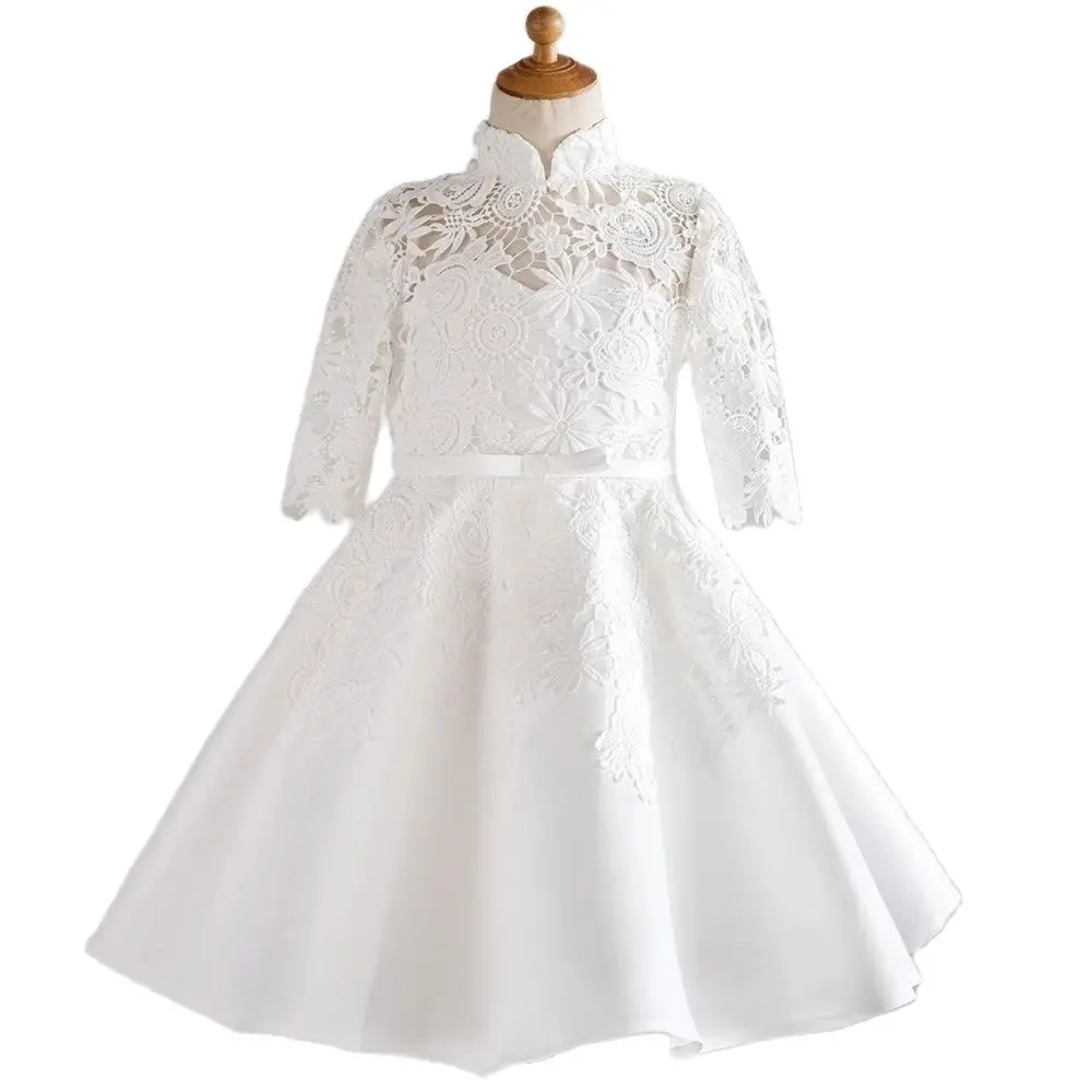 

Ivory Lace Scoop Kids First Communion Dress Tulle Applique Pearls Flower Girl Dresses Sleeve Little Bride Dresses Vestidos