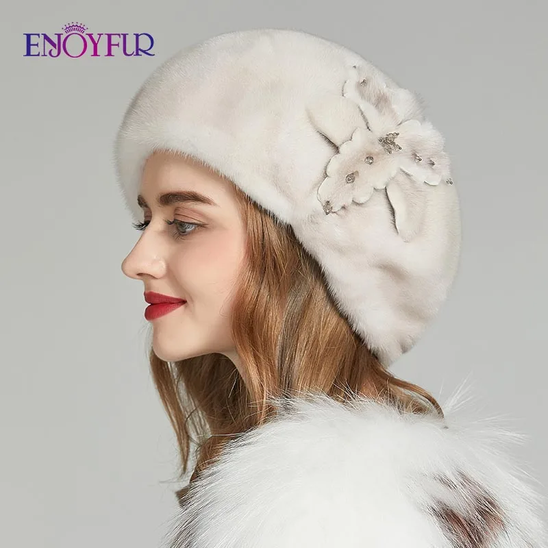 Женская меховая шапка ENJOYFUR, теплая шапочка-берет из цельного куска натурального меха норки с цветком на зиму