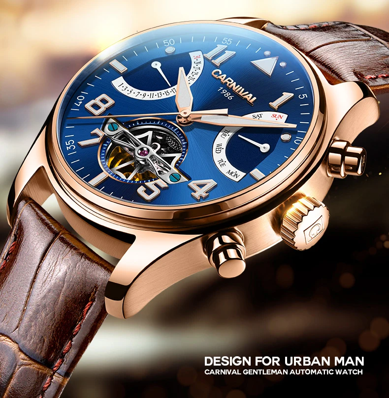 Tourbillon, мужские часы, розовое золото, чехол, синий циферблат, карнавал, автоматические часы, мужские, люксовый бренд, механические часы, Мода