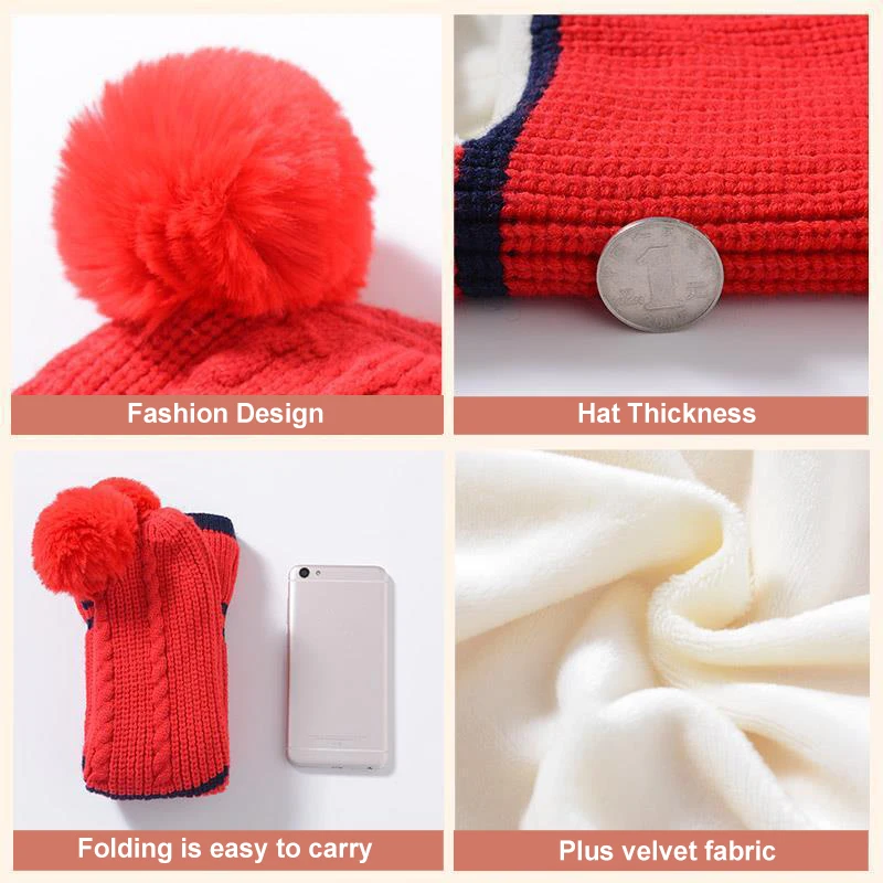 Hibobi-gorros de Invierno 2-5T con bolas peludas, pomp&oacute;n de punto para beb&eacute;s, ni&ntilde;as y ni&ntilde;os, gorro con forro polar c&aacute;lido, gorros con orejeras a prueba de viento-3
