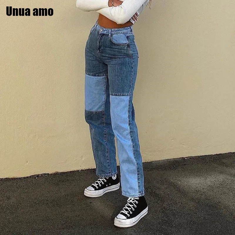 Unua amo Cowboy Color Block Mom Jeans Casual Loose High Waist Denim Pants Women Vintage Boyfriends Straight Leg Jeans Trousers